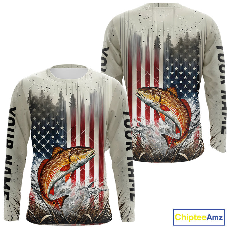 Custom Patriotic US Flag Redfish Puppy Drum Fishing T-Shirts, Redfish Fishing