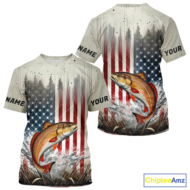 Custom Patriotic US Flag Redfish Puppy Drum Fishing T-Shirts, Redfish Fishing