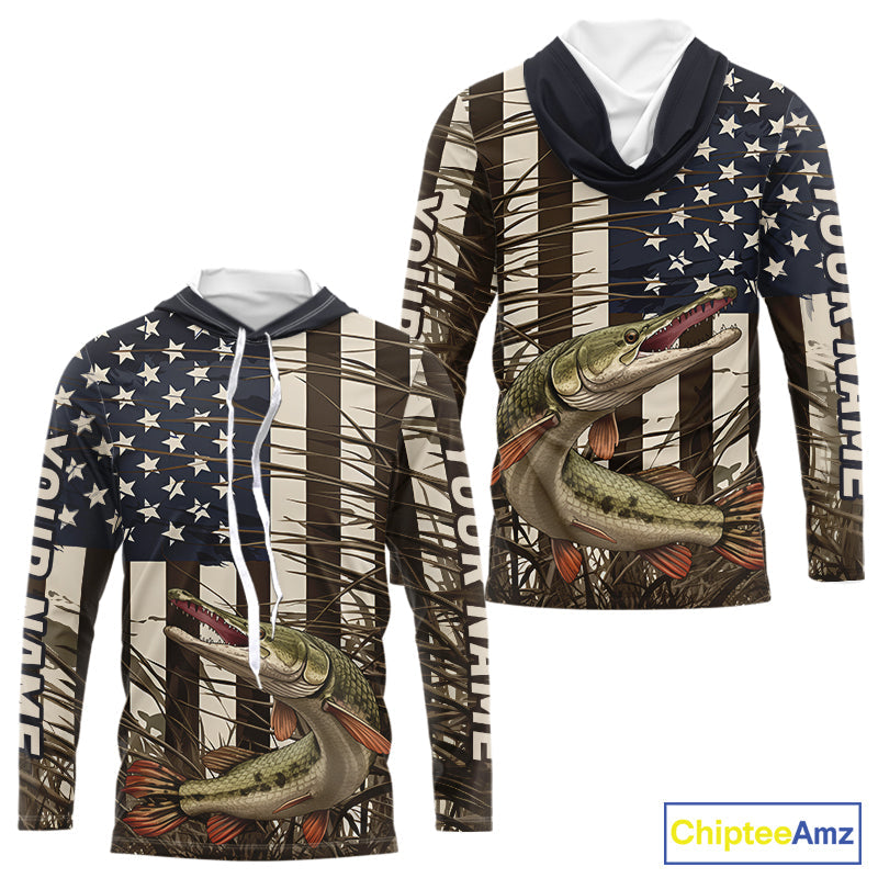 Custom Patriotic Vintage US Flag Alligator Gar Tournament Fishing T-Shirts