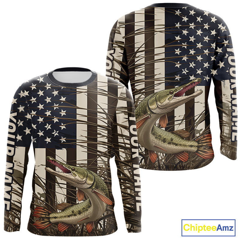 Custom Patriotic Vintage US Flag Alligator Gar Tournament Fishing T-Shirts