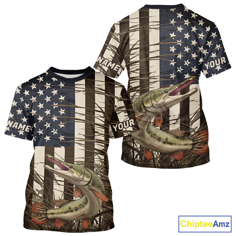 Custom Patriotic Vintage US Flag Alligator Gar Tournament Fishing T-Shirts