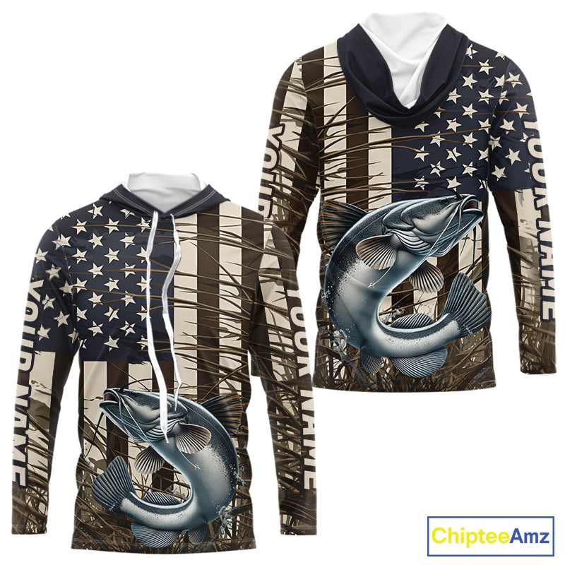 Custom Patriotic Vintage US Flag Catfish Tournament Fishing T-Shirts