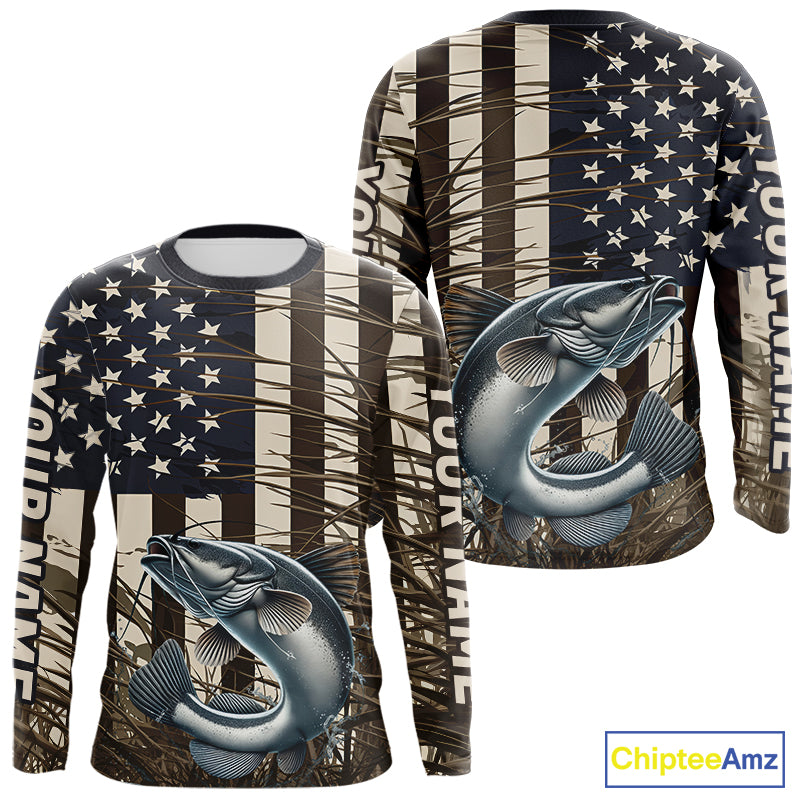 Custom Patriotic Vintage US Flag Catfish Tournament Fishing T-Shirts