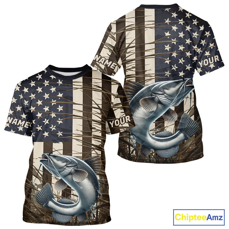 Custom Patriotic Vintage US Flag Catfish Tournament Fishing T-Shirts
