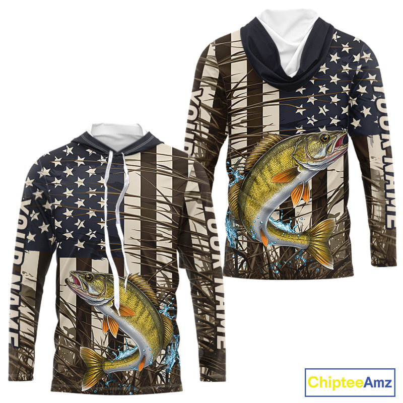 Custom Patriotic Vintage US Flag Walleye Tournament Fishing T-Shirts