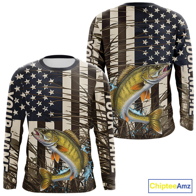 Custom Patriotic Vintage US Flag Walleye Tournament Fishing T-Shirts