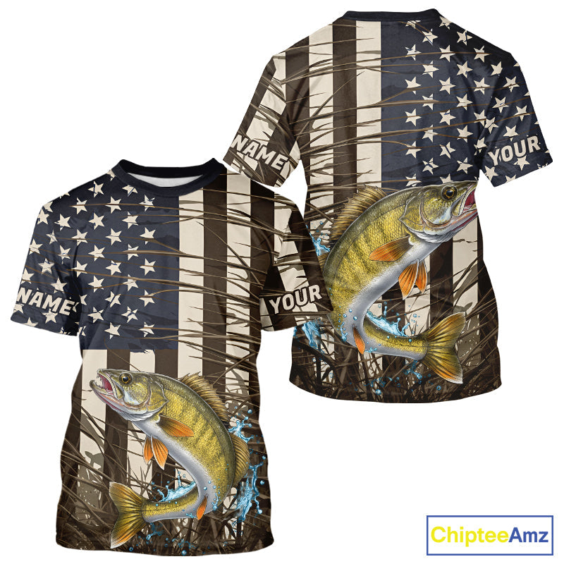 Custom Patriotic Vintage US Flag Walleye Tournament Fishing T-Shirts