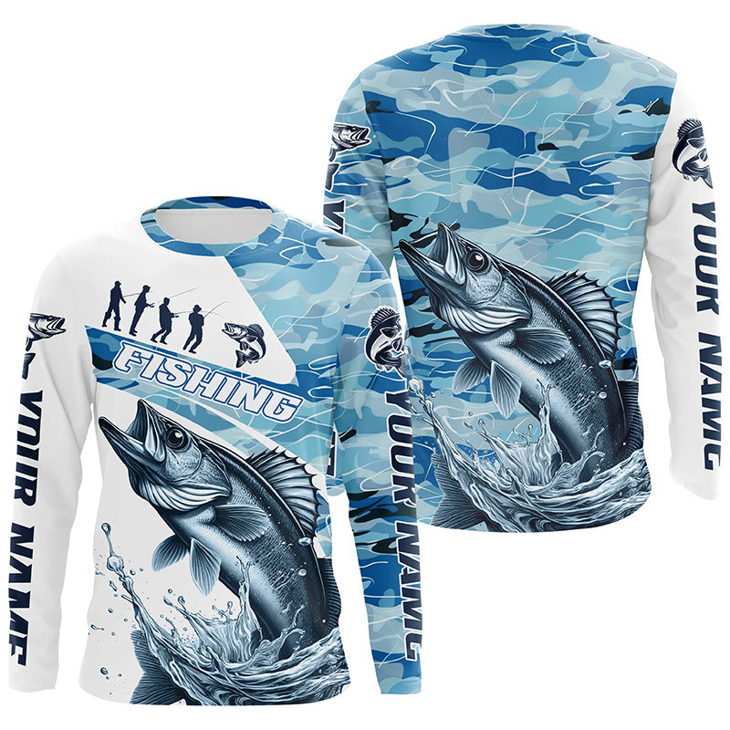 Walleye Fishing Custom Long Sleeve Tournament, Blue Camo Walleye Fishing For Fisherman