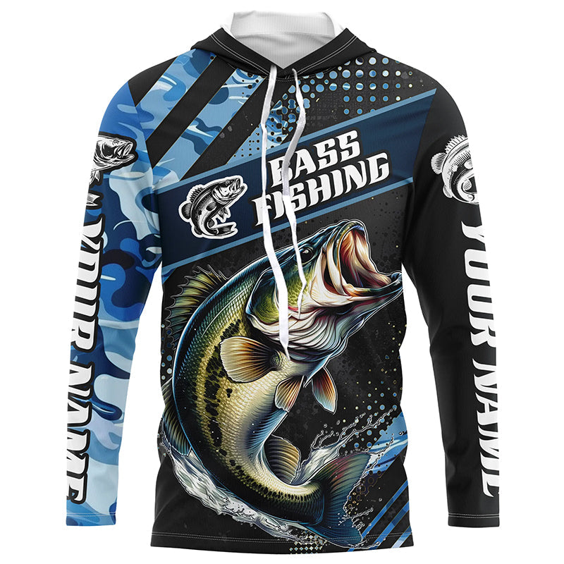 Personalized Blue Camo Bass Fishing, Largemouth Bass Long Sleeve Tournament Fishing