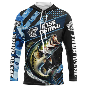 Personalized Blue Camo Bass Fishing, Largemouth Bass Long Sleeve Tournament Fishing