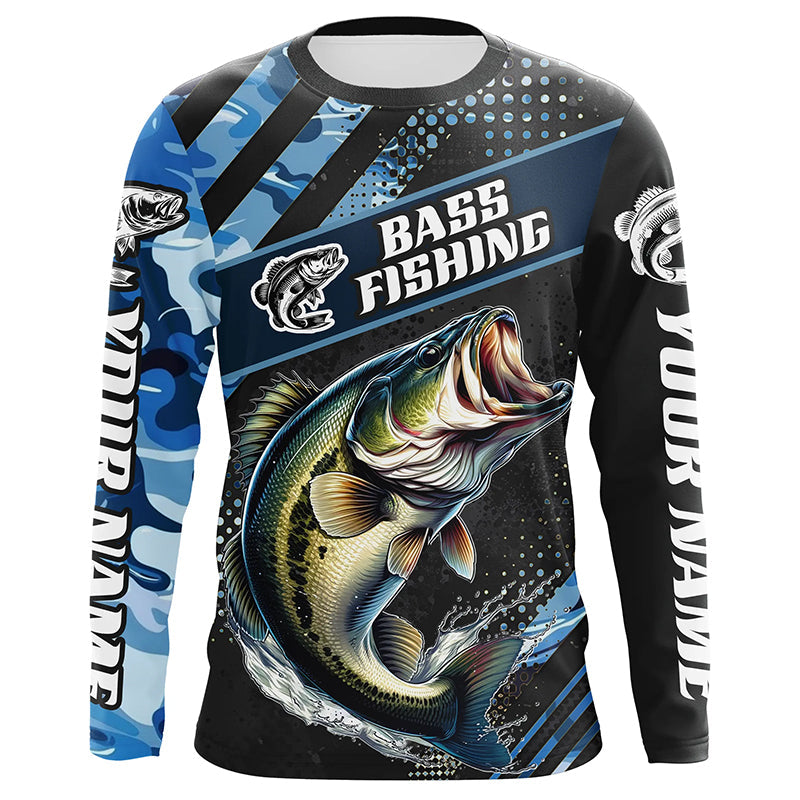 Personalized Blue Camo Bass Fishing, Largemouth Bass Long Sleeve Tournament Fishing