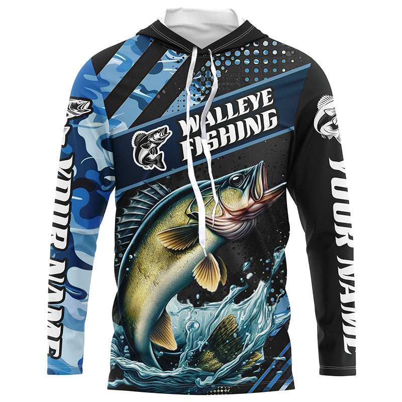 Personalized Blue Camo Walleye Fishing, Walleye Long Sleeve Tournament Fishing