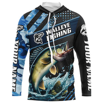 Personalized Blue Camo Walleye Fishing, Walleye Long Sleeve Tournament Fishing
