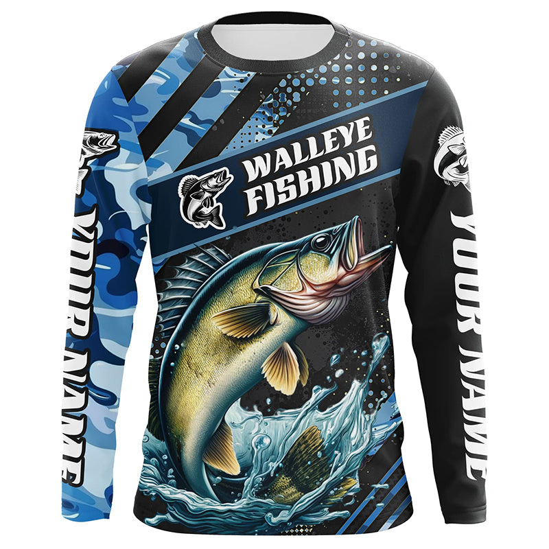Personalized Blue Camo Walleye Fishing, Walleye Long Sleeve Tournament Fishing