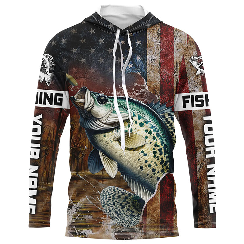 Custom Crappie Long Sleeve Fishing, Patriotic Amerian Flag Crappie Fishing