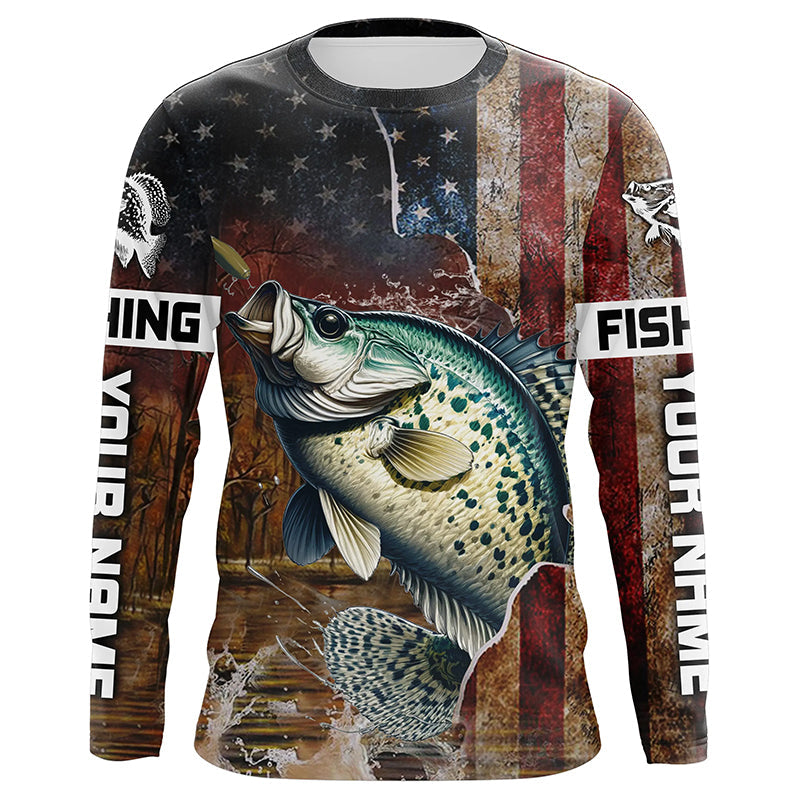 Custom Crappie Long Sleeve Fishing, Patriotic Amerian Flag Crappie Fishing