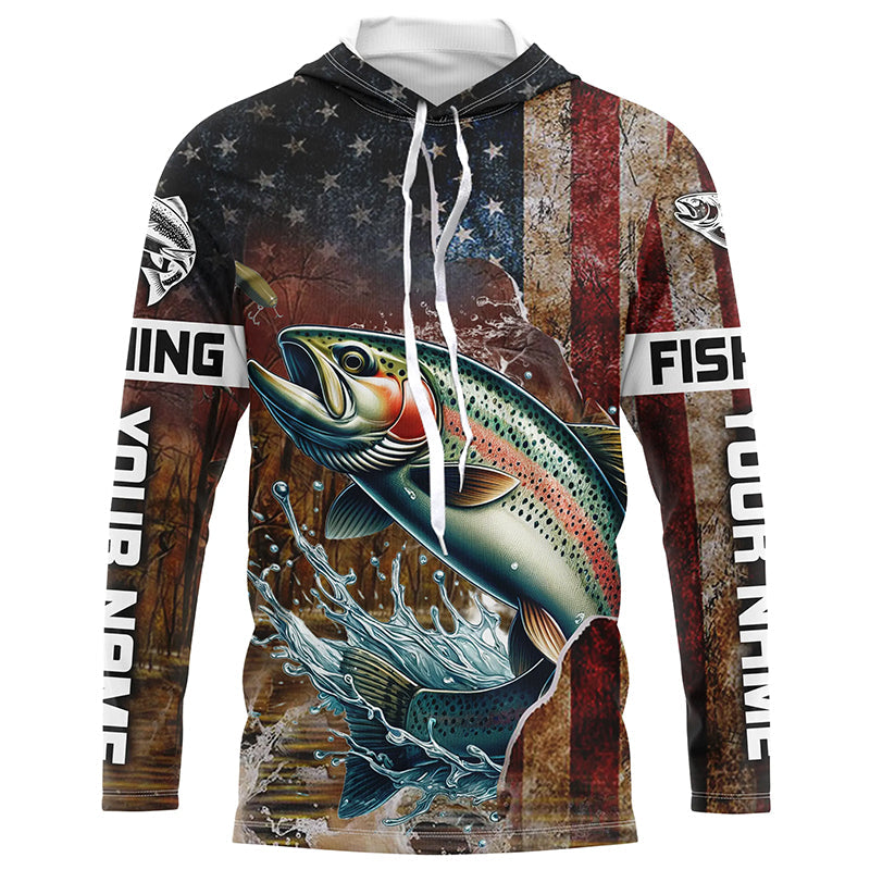 Custom Rainbow Trout Long Sleeve Fishing, Patriotic Amerian Flag Trout Fishing