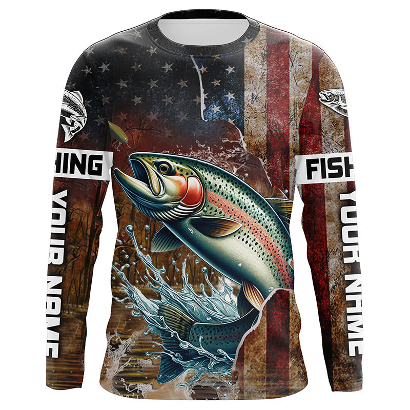 Custom Rainbow Trout Long Sleeve Fishing, Patriotic Amerian Flag Trout Fishing