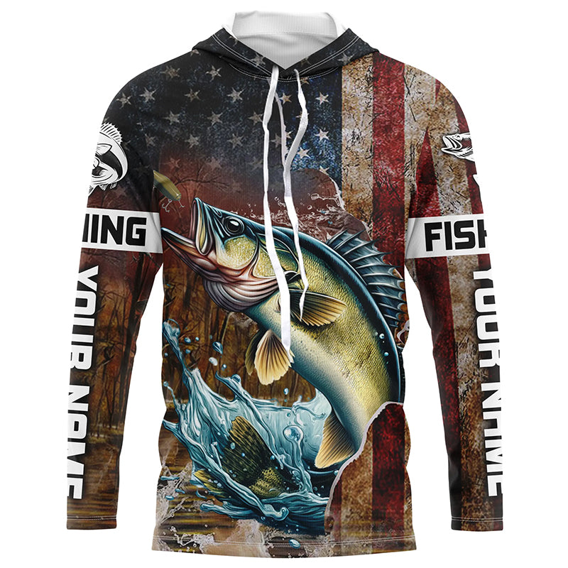 Custom Walleye Long Sleeve Fishing, Patriotic Amerian Flag Walleye Fishing