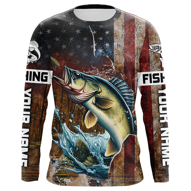 Custom Walleye Long Sleeve Fishing, Patriotic Amerian Flag Walleye Fishing