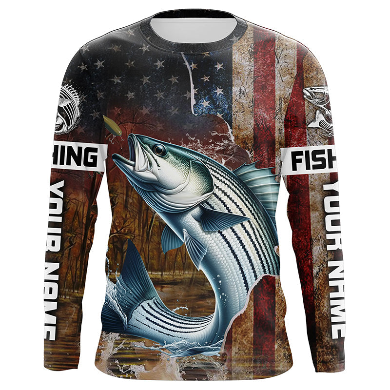 Custom Striped Bass Long Sleeve Fishing, Patriotic Amerian Flag Striper Fishing
