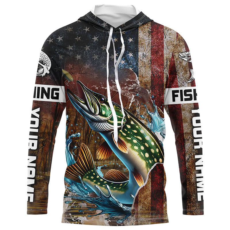 Custom Pike Long Sleeve Fishing, Patriotic Amerian Flag Pike Fishing
