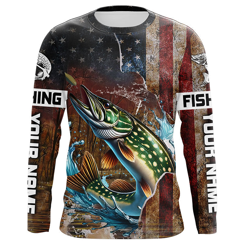 Custom Pike Long Sleeve Fishing, Patriotic Amerian Flag Pike Fishing
