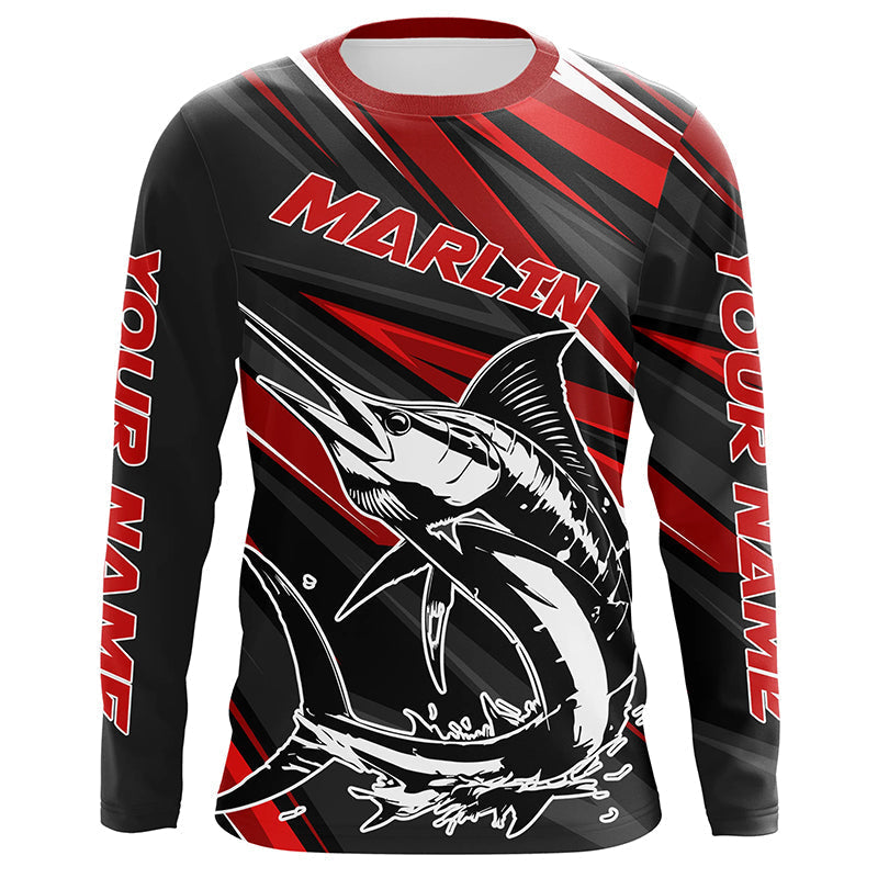 Black And Red Marlin Fishing, Custom Marlin Long Sleeve Performance Fishing