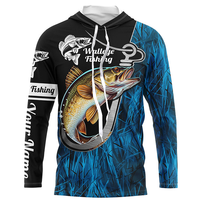 Fish Hook Walleye Fishing Custom Long Sleeve Tournament Fishing Fishing | Blue Camo