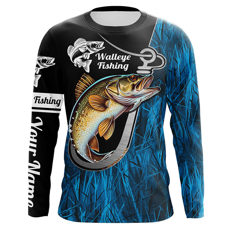 Fish Hook Walleye Fishing Custom Long Sleeve Tournament Fishing Fishing | Blue Camo