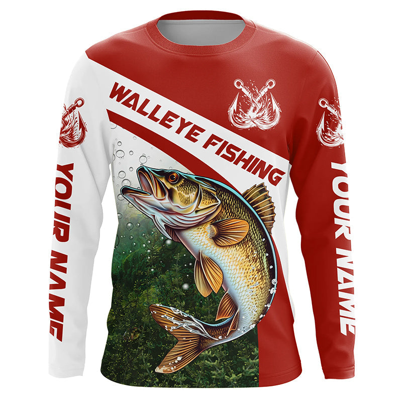 Walleye Fishing Custom Long Sleeve Fishing, Walleye Tournament Fishing | Red