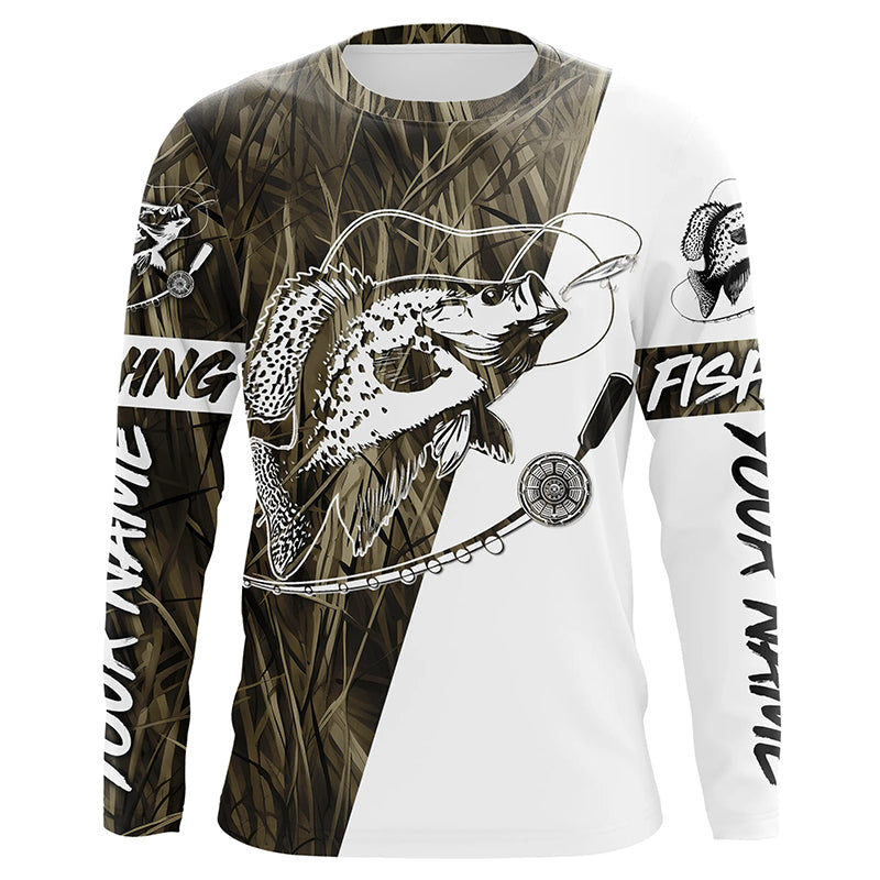Custom Crappie Fishing Tattoo Long Sleeve, Grass Camo Crappie Fishing