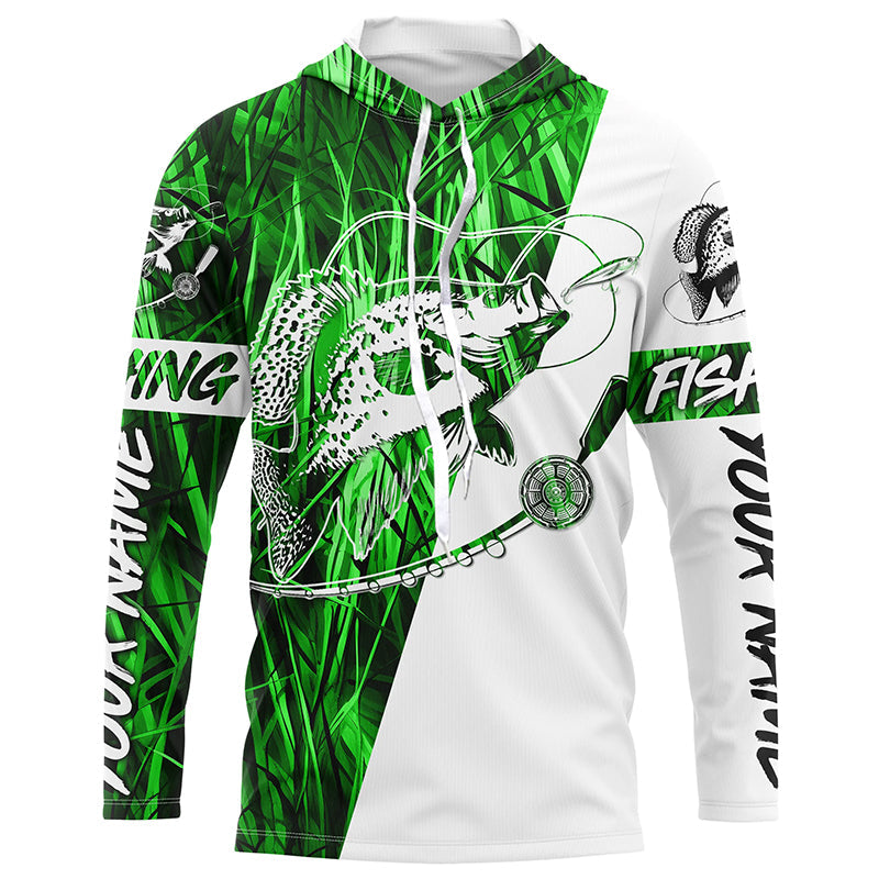 Custom Crappie Fishing Tattoo Long Sleeve, Green Grass Camo Crappie Fishing