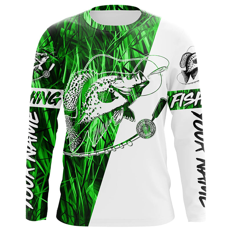 Custom Crappie Fishing Tattoo Long Sleeve, Green Grass Camo Crappie Fishing
