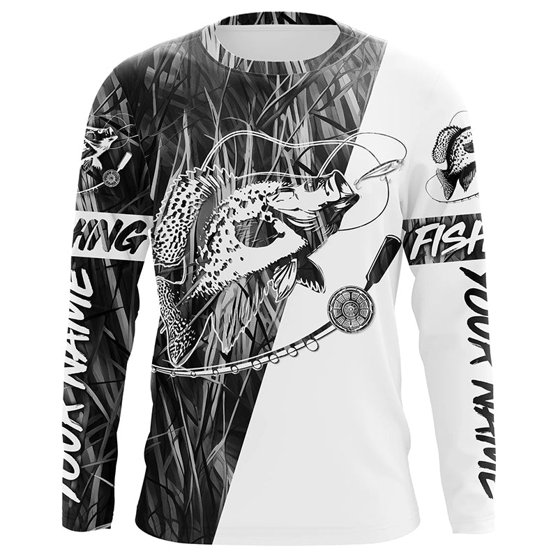 Custom Crappie Fishing Tattoo Long Sleeve, Gray Grass Camo Crappie Fishing