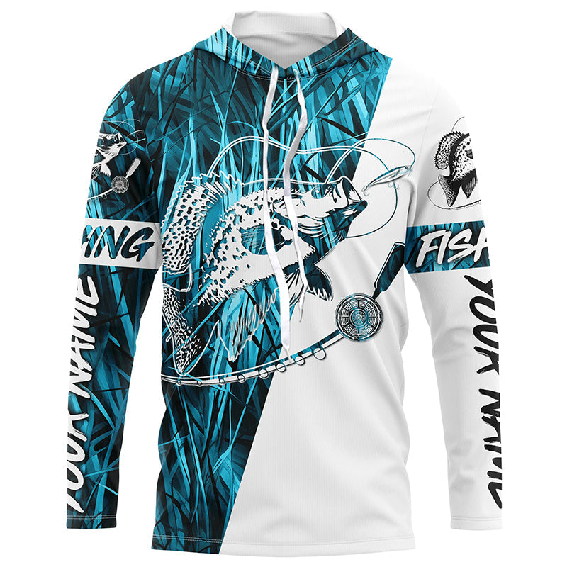 Custom Crappie Fishing Tattoo Long Sleeve, Blue Grass Camo Crappie Fishing