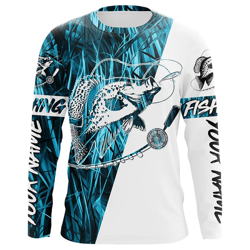 Custom Crappie Fishing Tattoo Long Sleeve, Blue Grass Camo Crappie Fishing