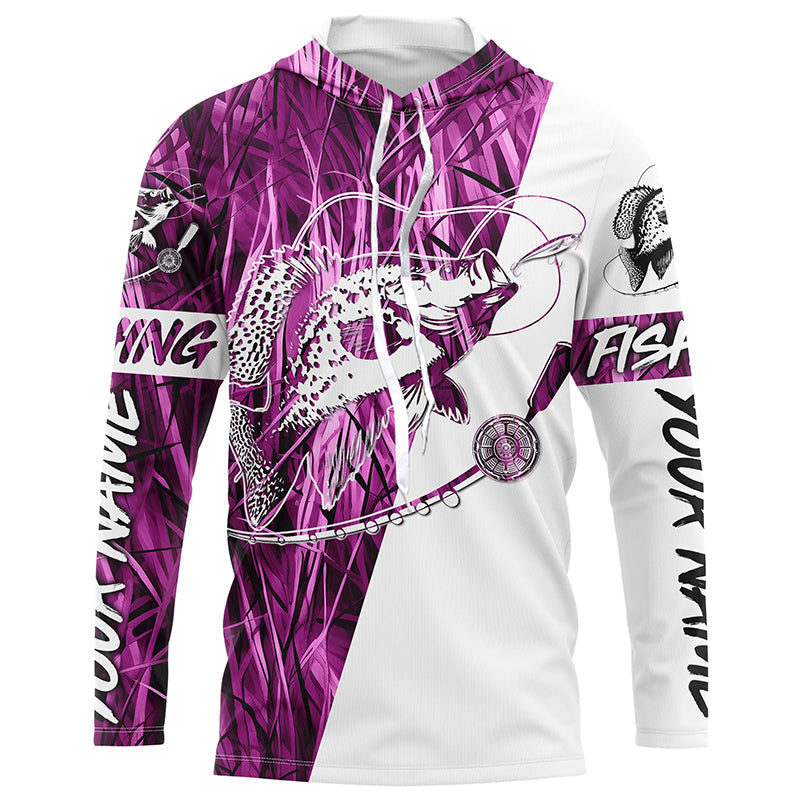 Custom Crappie Fishing Tattoo Long Sleeve, Pink Grass Camo Crappie Fishing