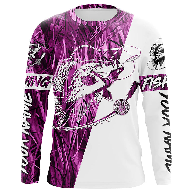 Custom Crappie Fishing Tattoo Long Sleeve, Pink Grass Camo Crappie Fishing