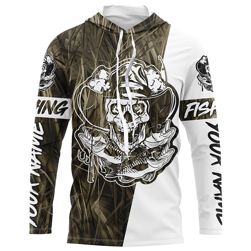 Grass Camo Skull Fisherman Custom Long Sleeve Fishing, Skeleton Fishing