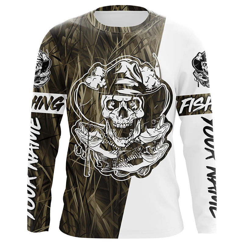 Grass Camo Skull Fisherman Custom Long Sleeve Fishing, Skeleton Fishing