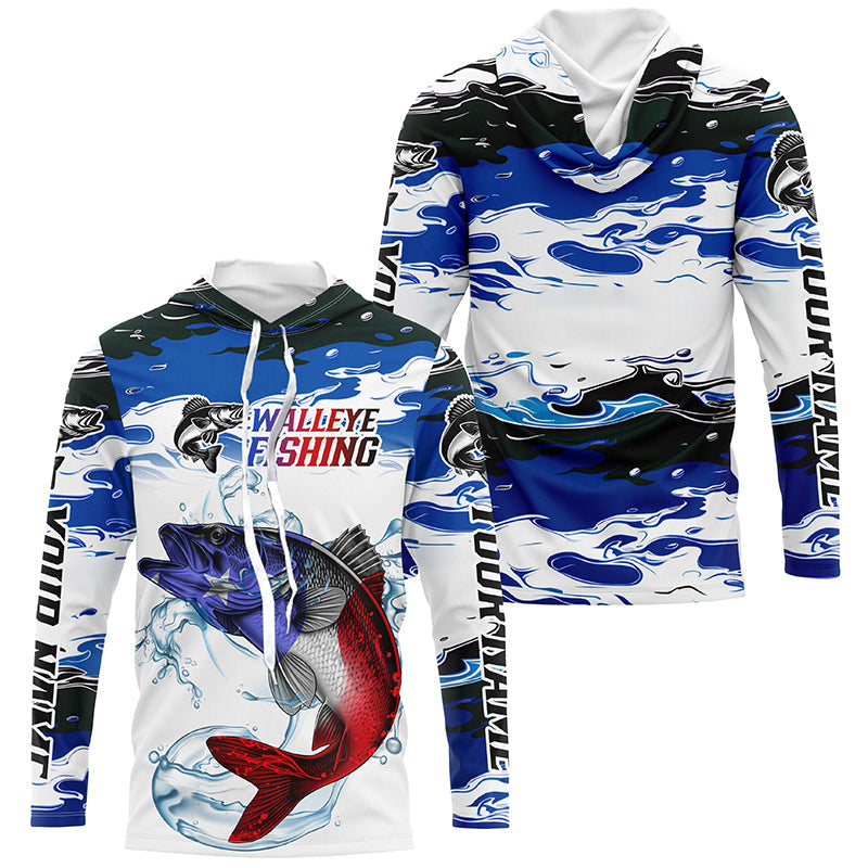 Custom Patriotic Walleye Fishing Camo, American Flag Walleye Long Sleeve Fishing