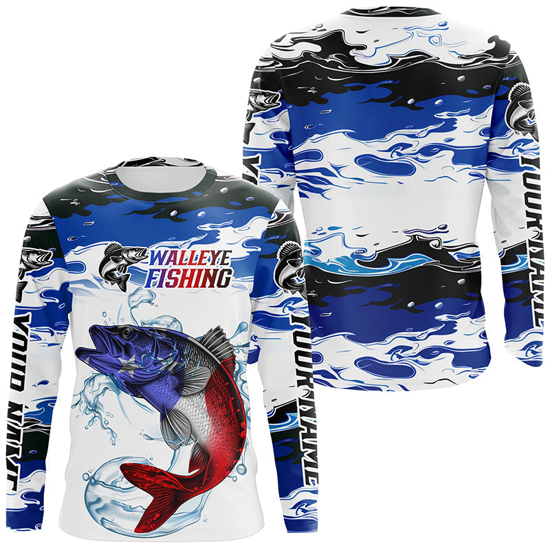 Custom Patriotic Walleye Fishing Camo, American Flag Walleye Long Sleeve Fishing
