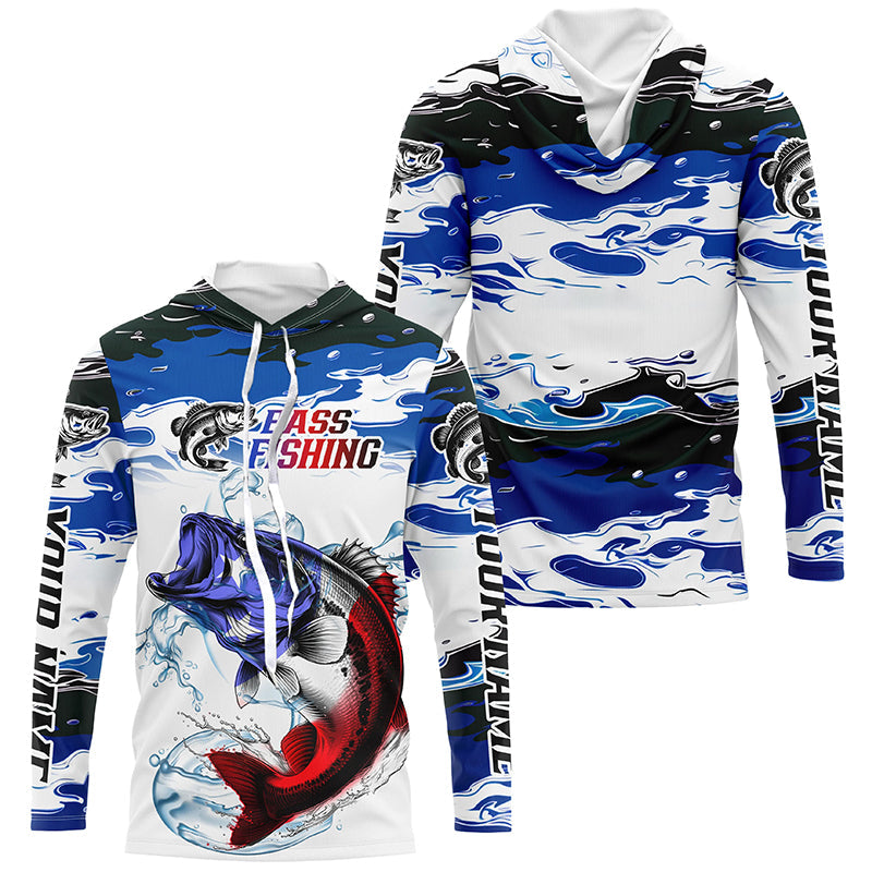 Custom Patriotic Bass Fishing Camo, American Flag Bass Long Sleeve Fishing