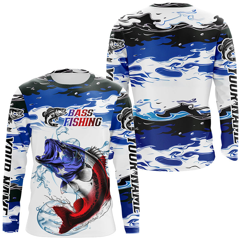 Custom Patriotic Bass Fishing Camo, American Flag Bass Long Sleeve Fishing