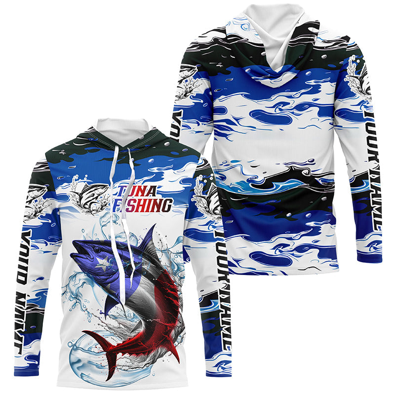 Custom Patriotic Tuna Fishing Camo, American Flag Tuna Long Sleeve Saltwater Fishing