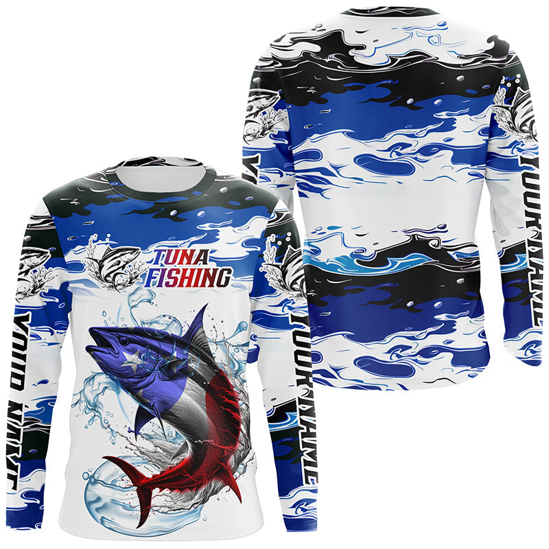 Custom Patriotic Tuna Fishing Camo, American Flag Tuna Long Sleeve Saltwater Fishing