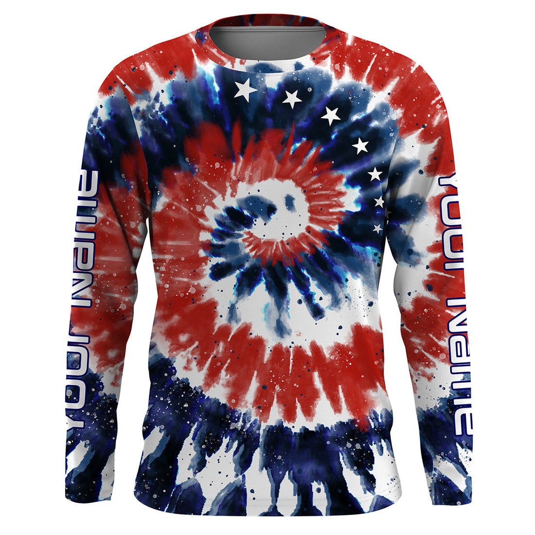 Red White and Blue American Tie dye Flag Custom UV Long Sleeve Fishing, Patriotic Fishing
