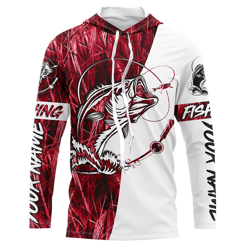 Custom Bass Fishing Tattoo Red Camo Long Sleeve Tournament Fishing, Bass Fishing