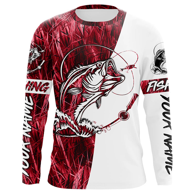 Custom Bass Fishing Tattoo Red Camo Long Sleeve Tournament Fishing, Bass Fishing